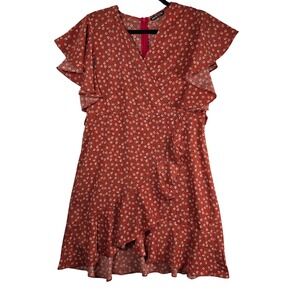 Aachoae Mini Dress Rust Red Floral Ruffle Wrap V-Neck Size M Boho, Summer Floral